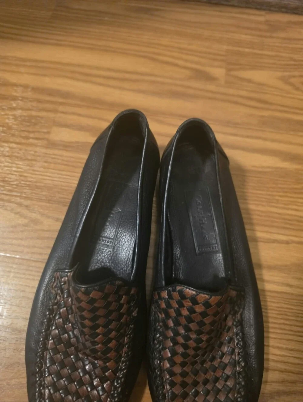 Cole Haan Black Leather Loafers with Brown Woven Vamp